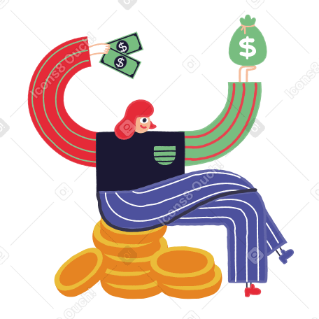 Девушка сидит на монетах и держит купюры и сумку с деньгами в PNG, SVG