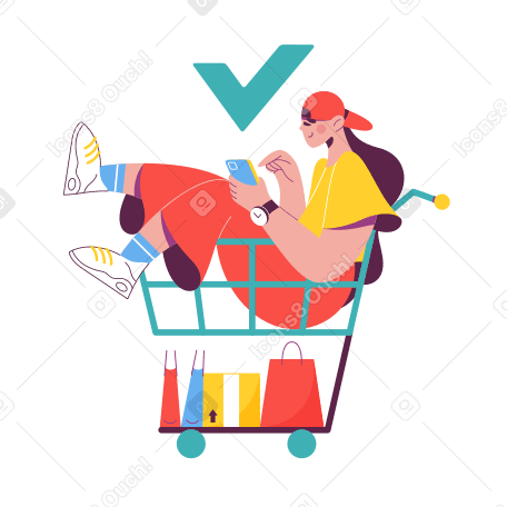 Woman in shopping cart placing order on smartphone animated illustration in GIF, Lottie (JSON), AE
