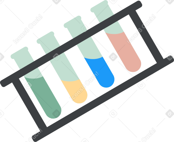 Четыре пробирки с разными жидкостями на подставке в PNG, SVG