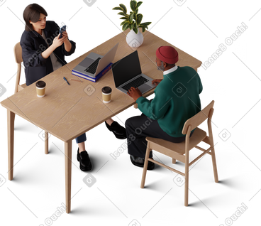 Isometric view of young woman taking picture of man working on laptop PNG, SVG