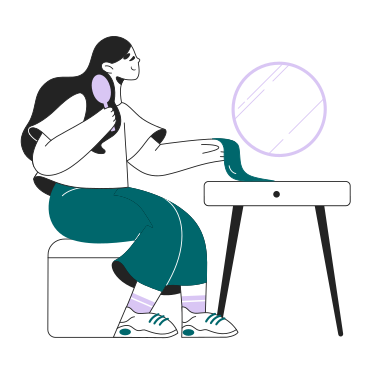 Frau sitzt vor einem spiegel und bürstet sich die haare PNG, SVG