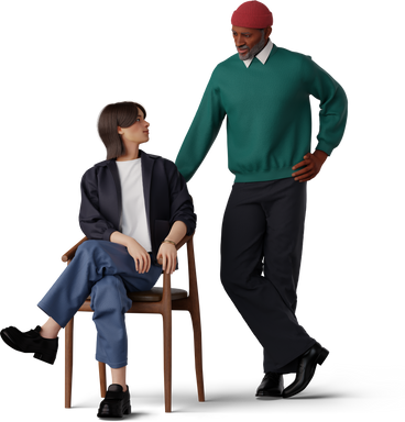 Мужчина опирается на стул и разговаривает с молодой женщиной в PNG, SVG