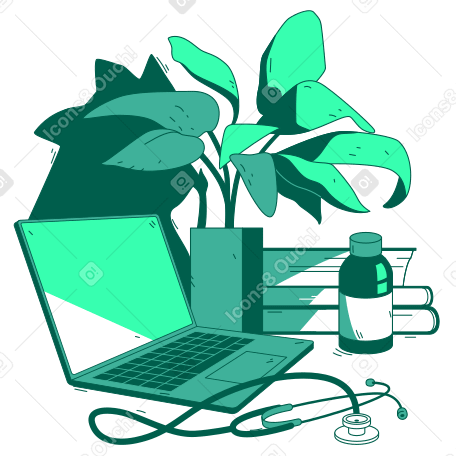Estetoscópio, laptop e um frasco de remédio PNG, SVG