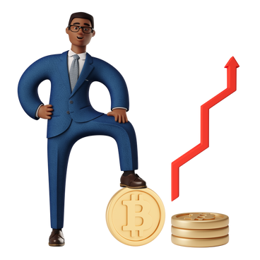 Flèche de croissance et pièces cryptographiques à côté d'un homme d'affaires prospère PNG, SVG