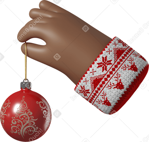 3D Рука с темно-коричневой кожей держит рождественский бал в PNG, SVG