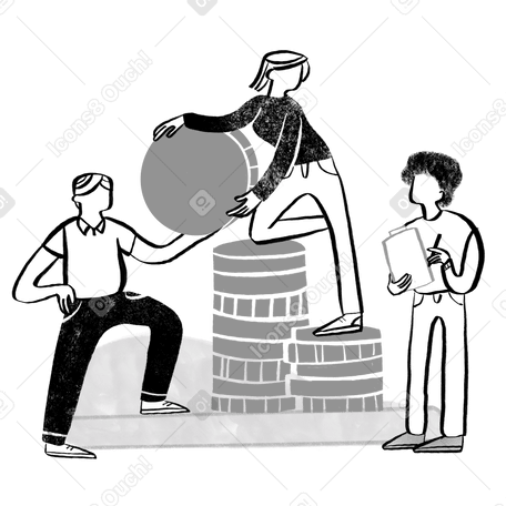 Black and white people working and transfering money Illustration in PNG, SVG