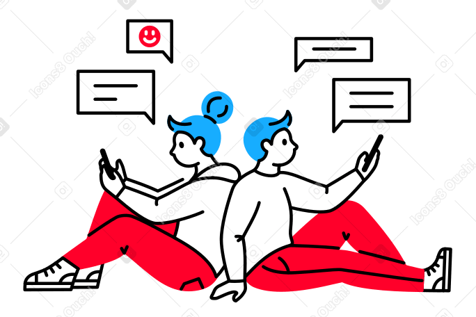 Illustration Une femme et un homme s'assoient dos à dos et regardent leurs smartphones aux formats PNG, SVG