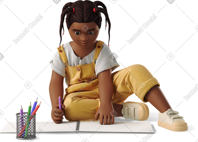 3D 小女孩在素描本上画画 PNG, SVG