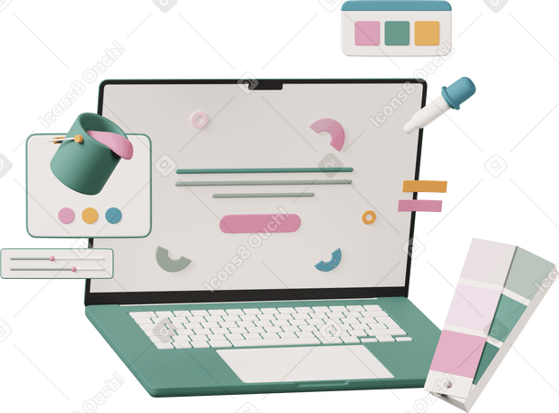Illustration animée 3D graphic design software on laptop aux formats GIF, Lottie (JSON) et AE