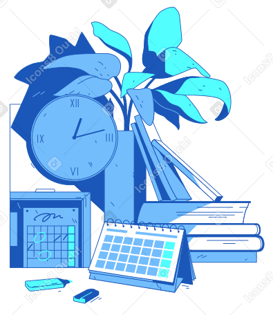 Календарь, часы, стопка книг и растение в PNG, SVG