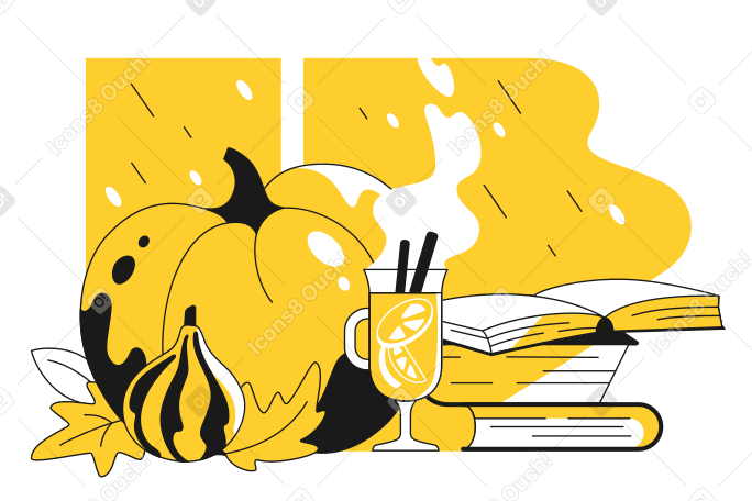 Pumpkins, books, a hot drink, and autumn rain Illustration in PNG, SVG