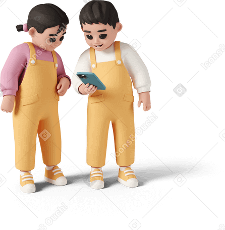 3D young kids with mobile phone PNG, SVG