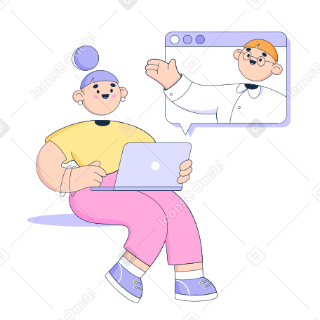 Sitting woman has a chat with her boss on computer Illustration in PNG, SVG