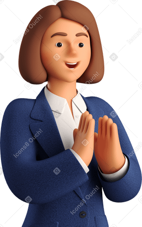 3D businesswoman in blue suit clapping hands Illustration in PNG, SVG