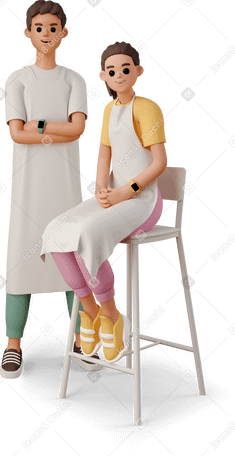 3D young woman with apron sitting close to young man with apron standing PNG, SVG