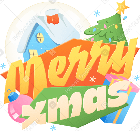 Надпись счастливого рождества с рождественской елкой и текстом снежного шара в PNG, SVG