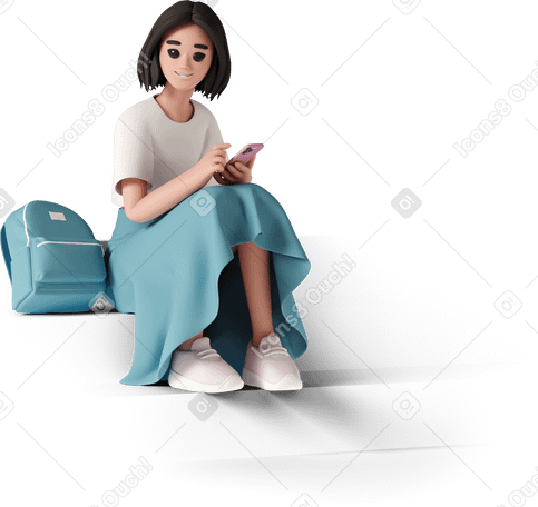 3D young woman student with smartphone sitting on steps PNG, SVG