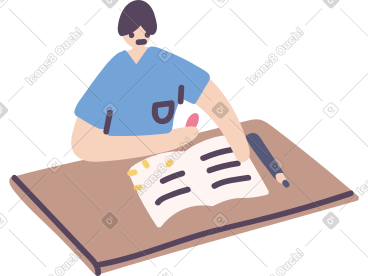 Man at the desk erasing his writing from notebook PNG, SVG