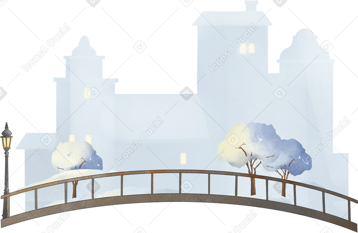 bridge on the background of the winter city Illustration in PNG, SVG