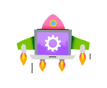 Laptop upgrading with a spaceship in the background PNG, SVG