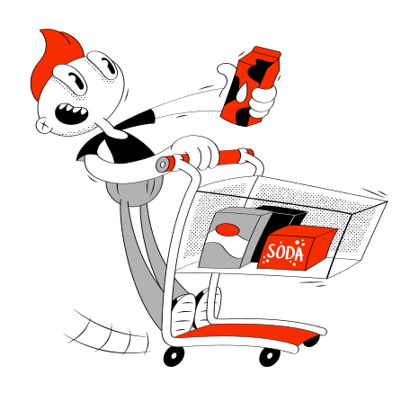 Illustration Guy sur le panier avec du lait et d'autres achats aux formats PNG, SVG