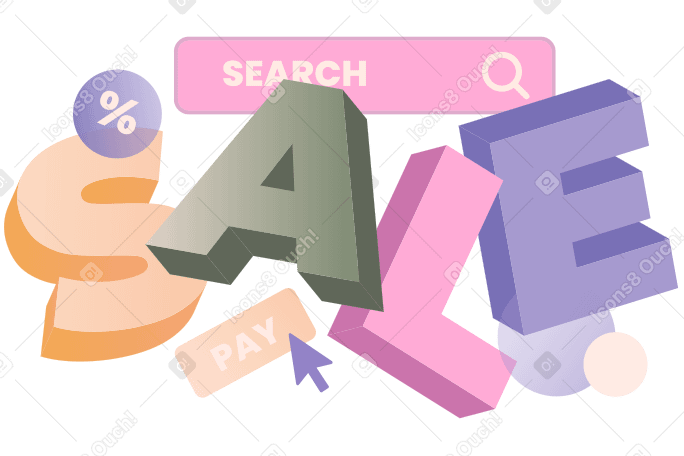 Illustration animée Vente de lettrage avec signe de paiement et texte de chaîne de recherche aux formats GIF, Lottie (JSON) et AE