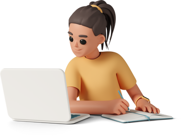 Mujer joven mirando la computadora portátil y tomando notas en el cuaderno PNG, SVG