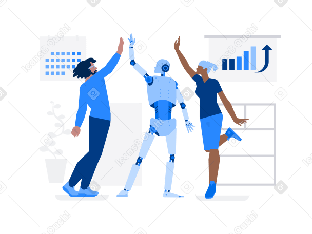 Android robot, a woman and a man high-fiving on of the office background Illustration in PNG, SVG