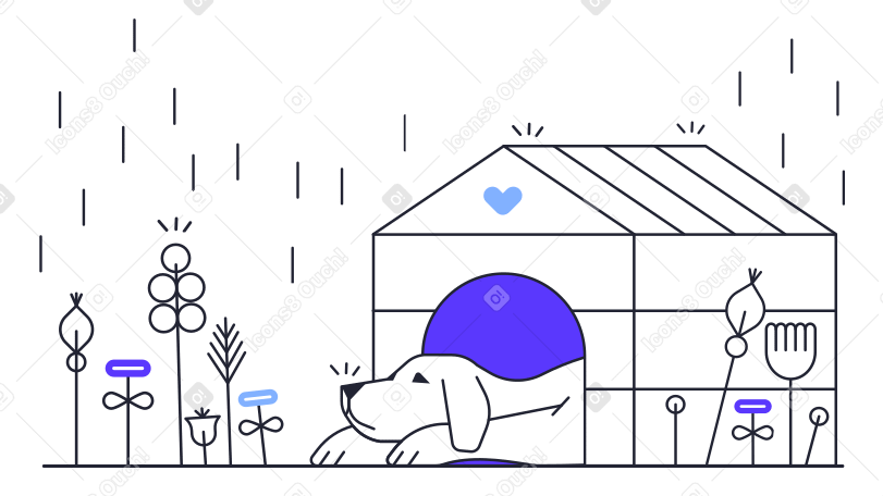 Dog lying in dog house during rain PNG, SVG
