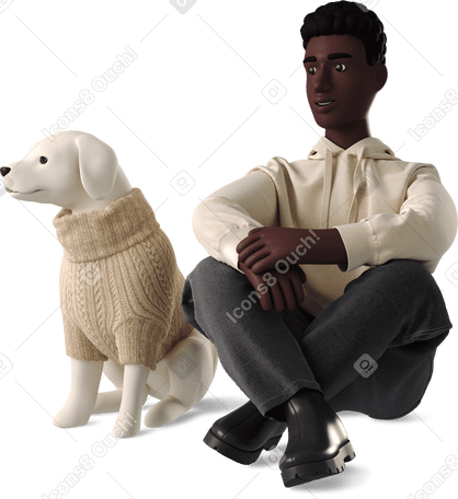 3D young man sitting with dog in sweater PNG, SVG