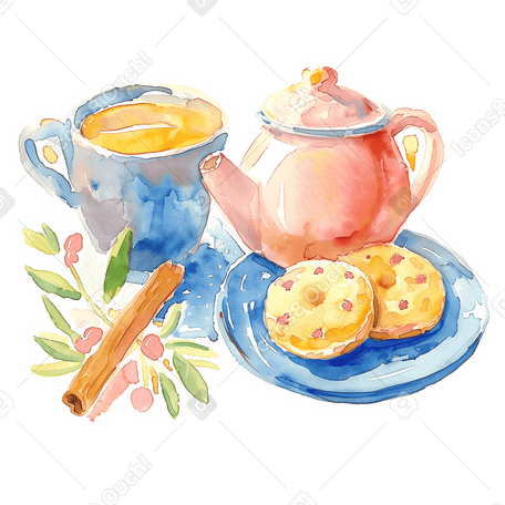 Teiera con tazza e biscotti PNG, SVG