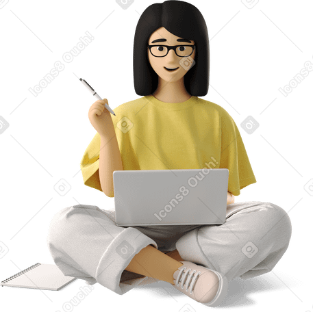 3D young woman studying online PNG、SVG