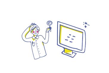 Мужчина с лупой рядом с компьютером в PNG, SVG