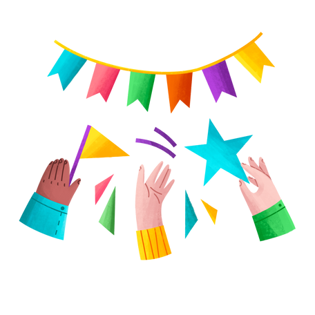 Festive flags and hands with decorations Illustration in PNG, SVG