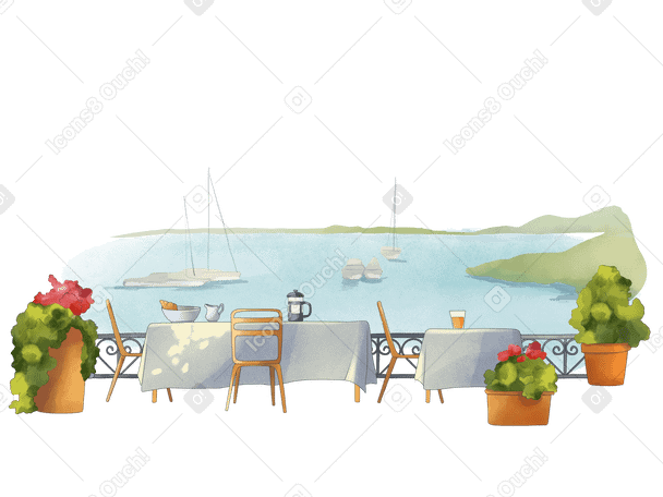Open air cafe terrace overlooking the sea Illustration in PNG, SVG