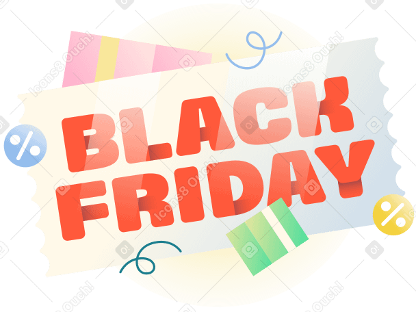 Lettering Black Friday on coupon with boxes and percents sign text PNG, SVG