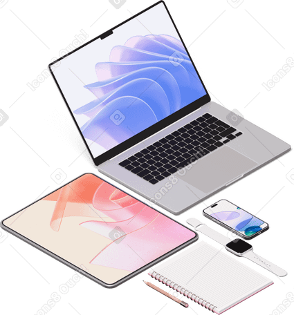 3D isometric view of laptop, tablet, notebook, smartwatch PNG, SVG