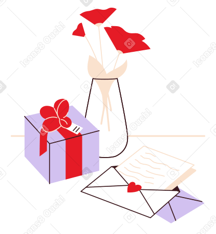 情人节的鲜花、礼物和信件 PNG, SVG
