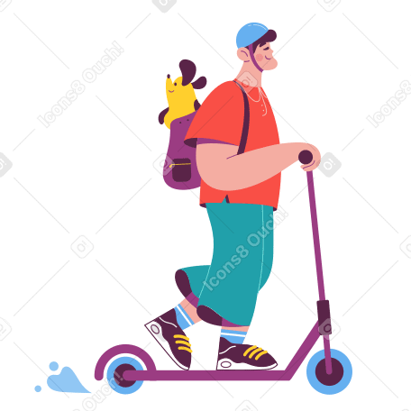 Guy with a dog in a backpack rides an electric scooter PNG, SVG