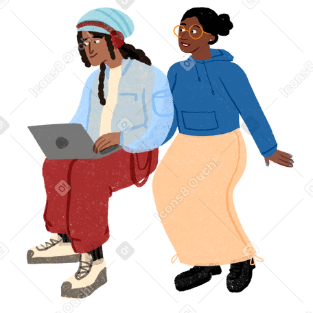 노트북을 들고 남자와 이야기하는 여자 PNG, SVG