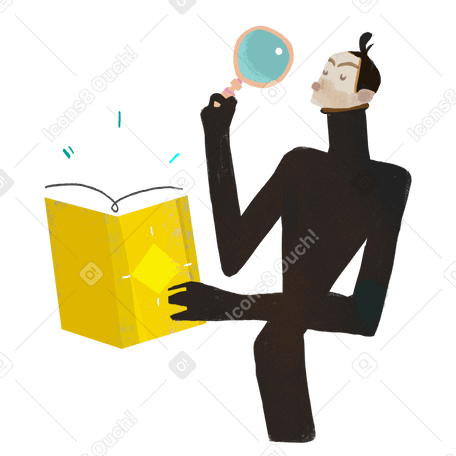 Man with magnifying glass looking for something in book PNG, SVG