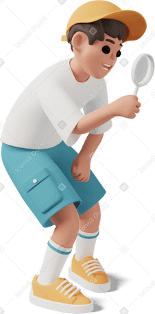 3D boy with magnifier in hand PNG, SVG