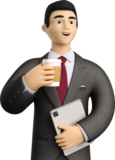 businessman in black suit with paper coffee cup holding tablet PNG, SVG