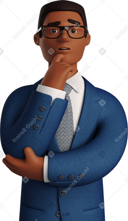 3D black pondering businessman in blue suit Illustration in PNG, SVG