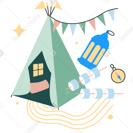 Детская походная палатка с фонарем и зефиром в PNG, SVG
