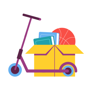 Box with children's stuff and a scooter PNG, SVG