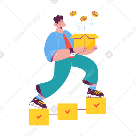 man climbing stairs with a box of cryptocoins Illustration in PNG, SVG
