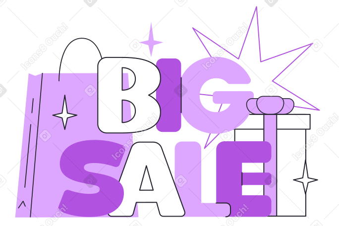 Lettering Big Sale with bag and gift box text PNG, SVG