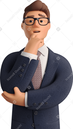 3D pondering businessman in dark blue suit Illustration in PNG, SVG