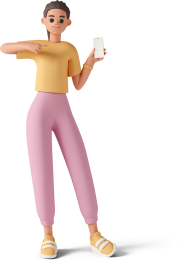 young woman standing and pointing at her phone PNG, SVG